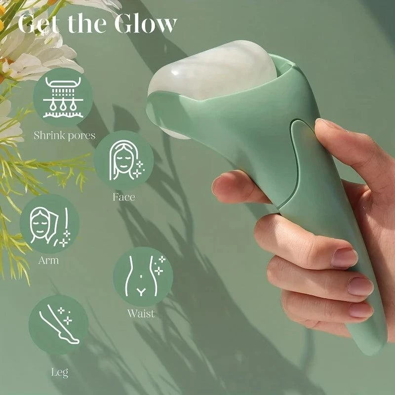 Large Ice Roller facial massager with ergonomic handle and stainless steel roller head for cooling and depuffing face and eyes at home spa skincare