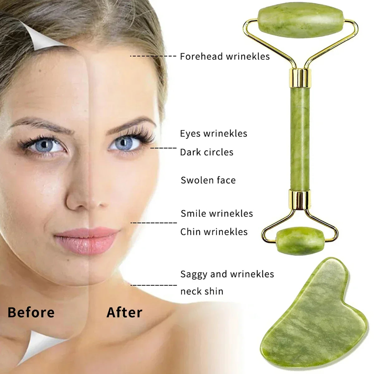 Gua Sha Massage Tool Set Natural Stone Face Jade Roller for SPA & Body